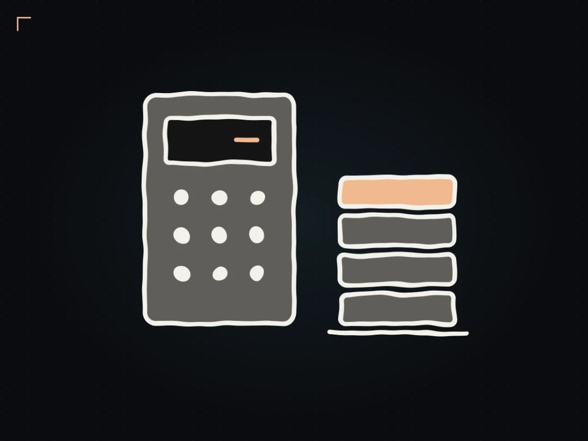 Hand-drawn calculator beside a stack of futures contracts