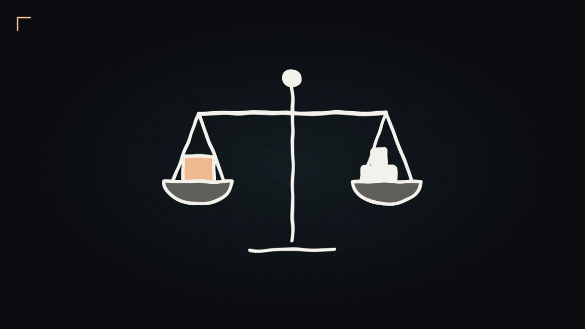 Hand-drawn balance scale weighing one large block against several small ones
