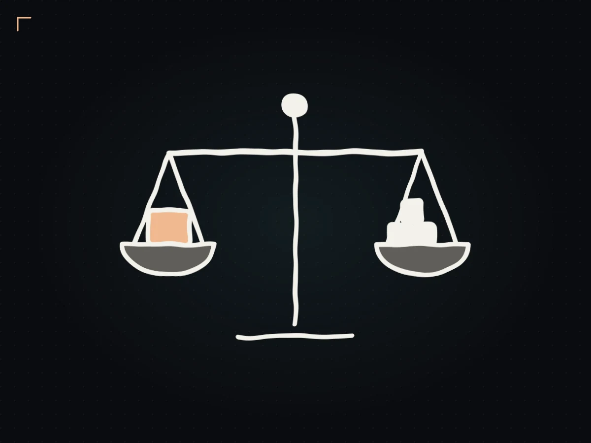 Hand-drawn balance scale weighing one large block against several small ones