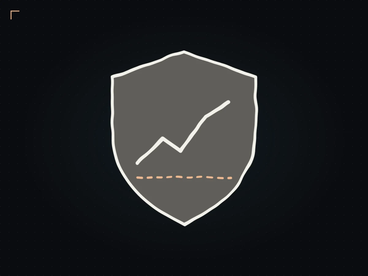 Hand-drawn shield with a rising equity line and a dashed risk limit
