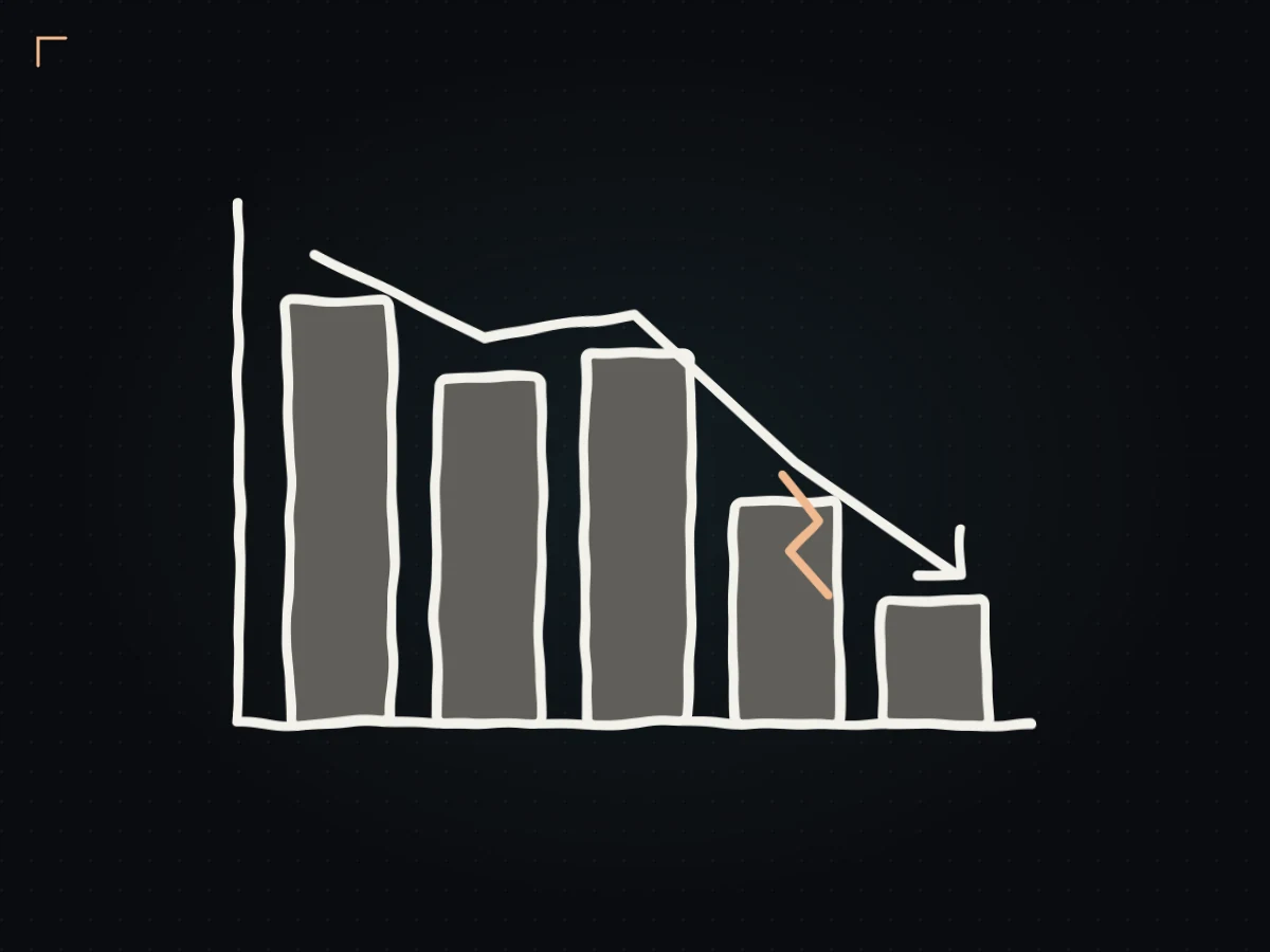 Hand-drawn declining account balance with a cracked bar