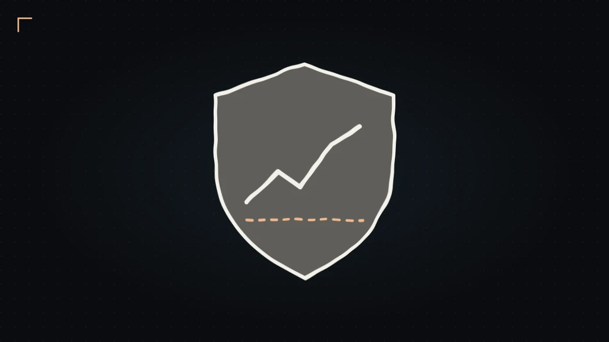 Hand-drawn shield with a rising equity line and a dashed risk limit